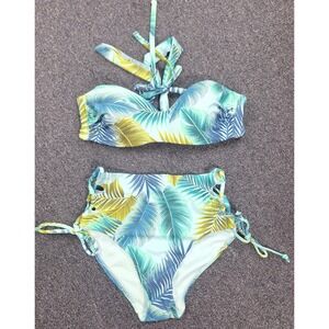 Sandflower Tropical Palm Leaf High Waist‎ Bikini Set Turquoise Green Small 4-6